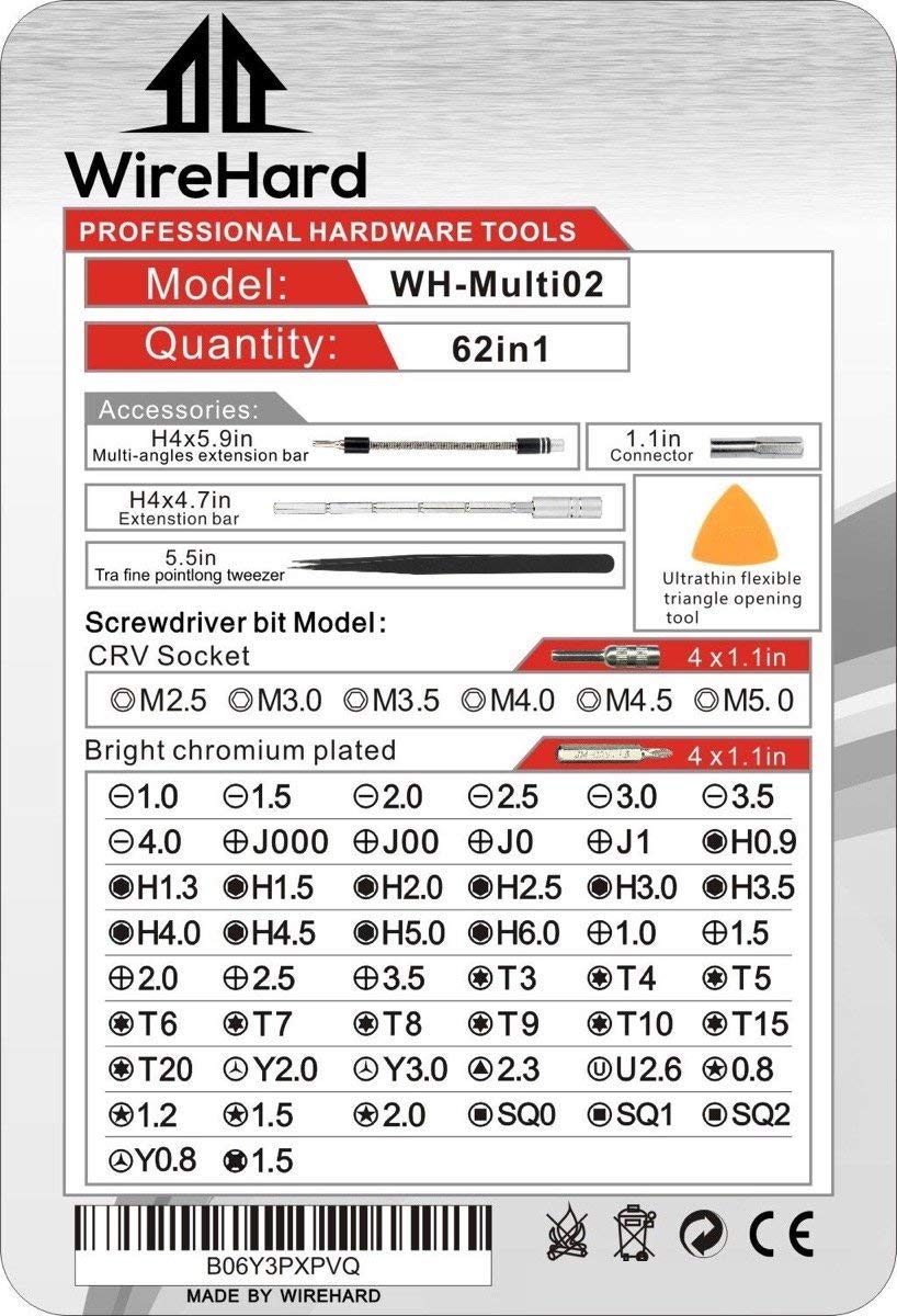 WIREHARD 62 in 1 Precision Screwdriver Set Computer Smart Phone Electronics Repair Tool Kit