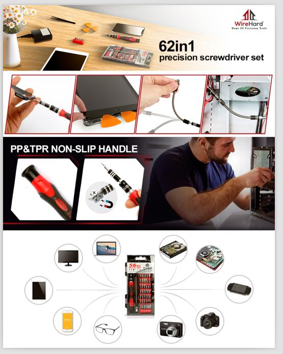 WIREHARD 62 in 1 Precision Screwdriver Set Computer Smart Phone Electronics Repair Tool Kit